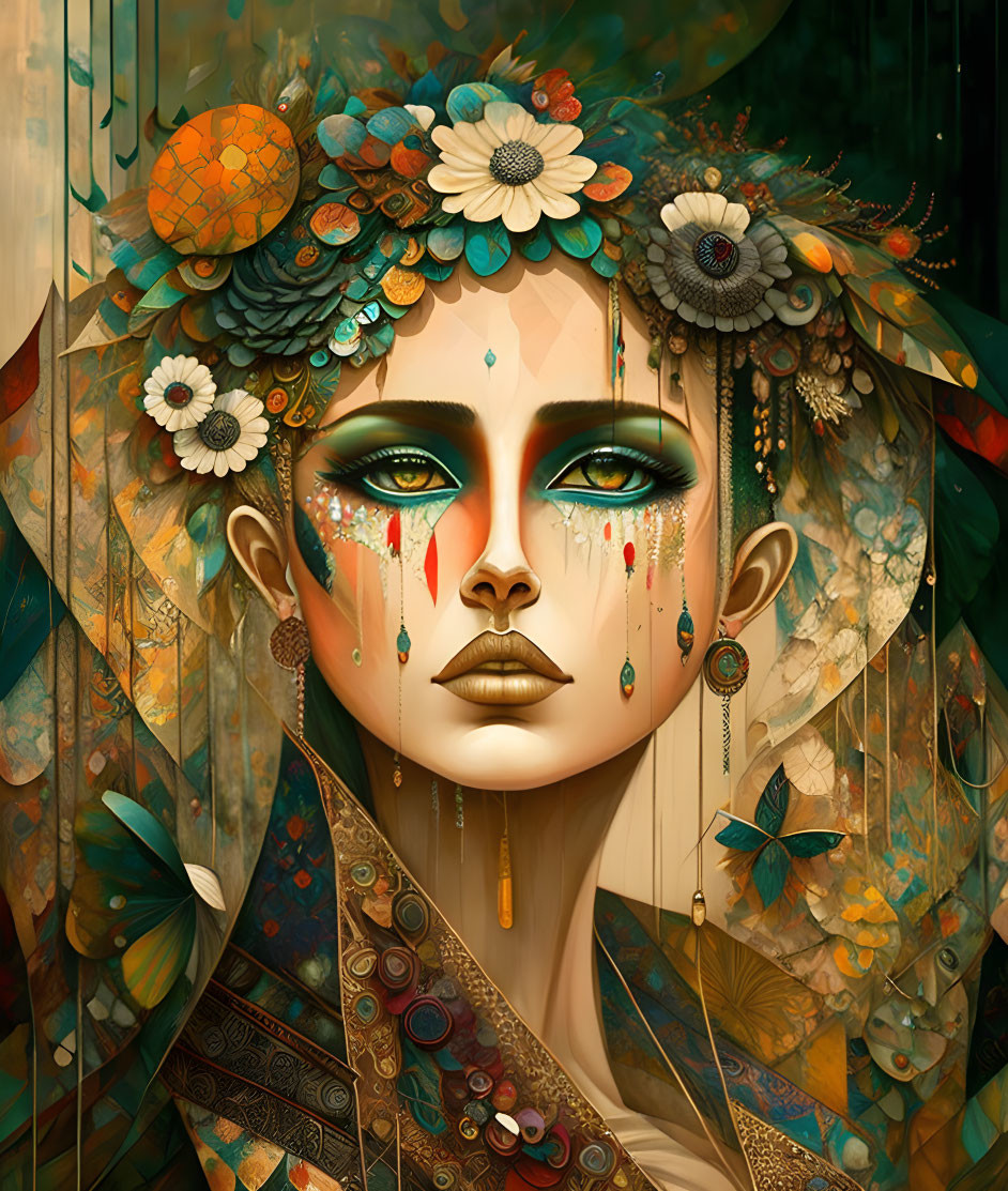 Stylized portrait of a woman with vibrant green eyes and floral elements