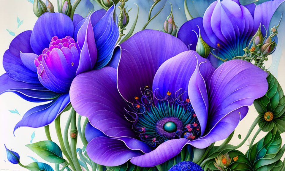 Surreal purple flowers with intricate patterns and green foliage in vibrant digital art