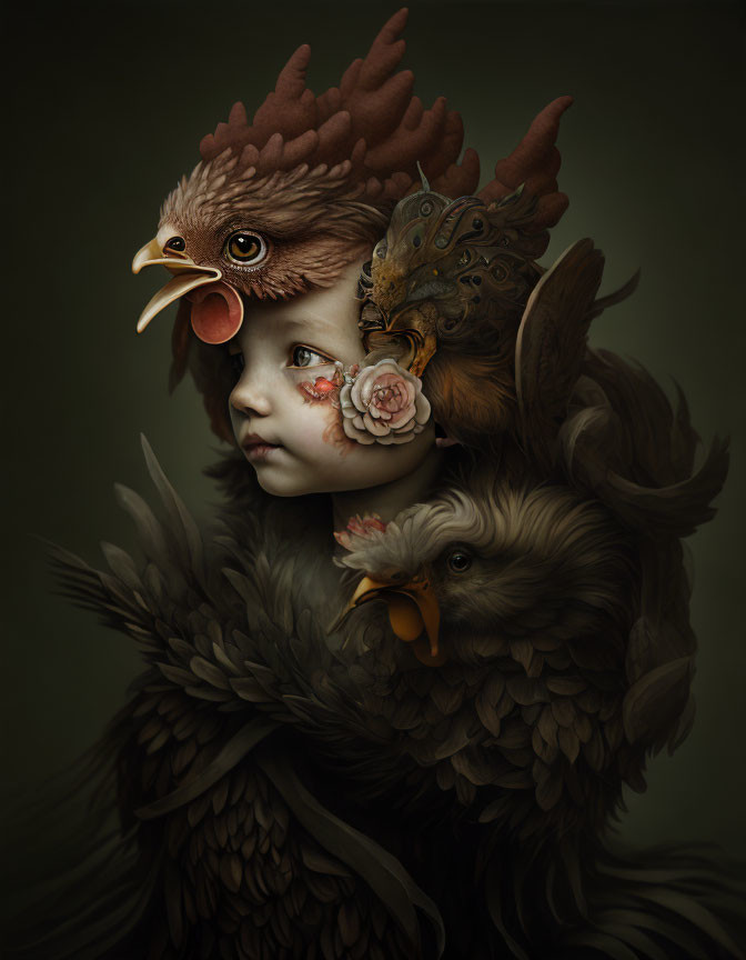 Surrealist portrait blending child's face with avian features and floral accents