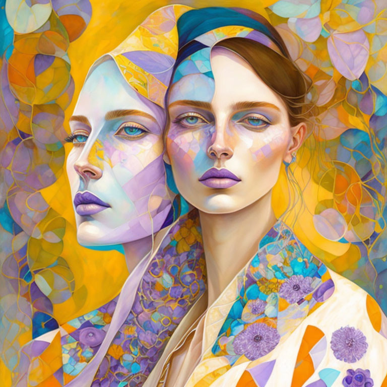 Abstract portrait art: Women merge in vibrant colors & patterns