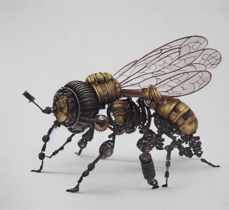 Intricate Steampunk Bee Sculpture with Transparent Wings