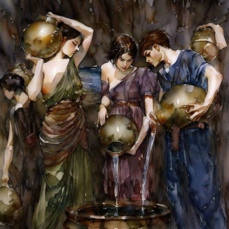 Watercolor painting of four women collecting water from a well in flowing classical garments