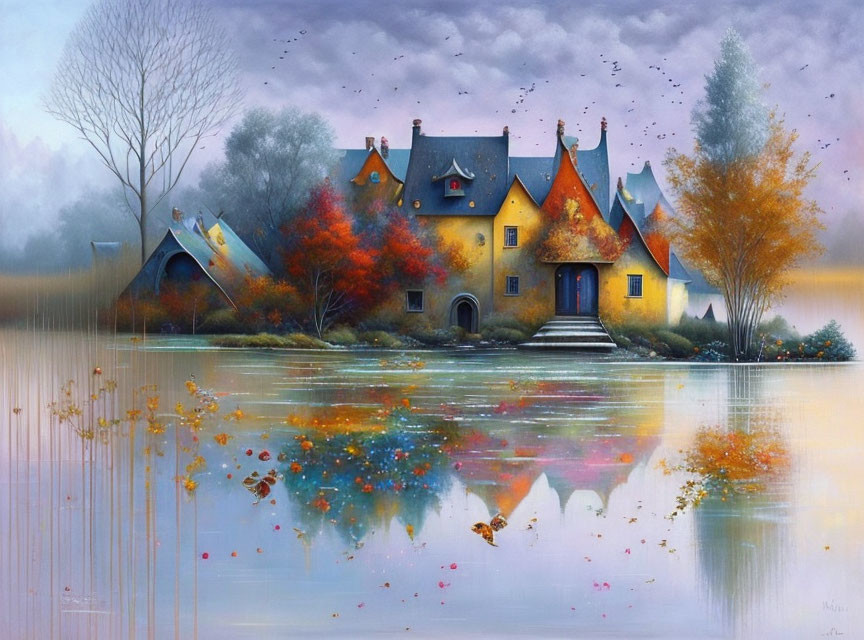 Tranquil autumn landscape with house, trees, lake, and mist