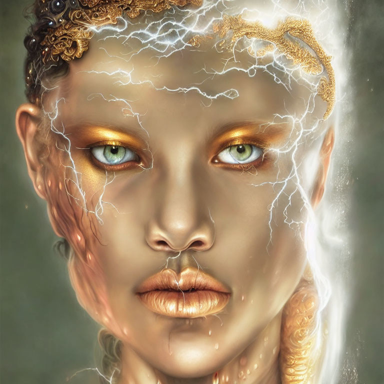 Digital artwork featuring woman with metallic golden skin and electric veins.