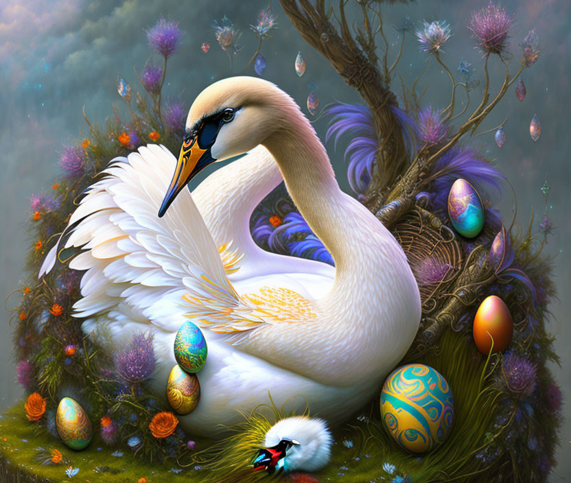 Majestic swan surrounded by vibrant eggs in fantastical nest with flowers and lights