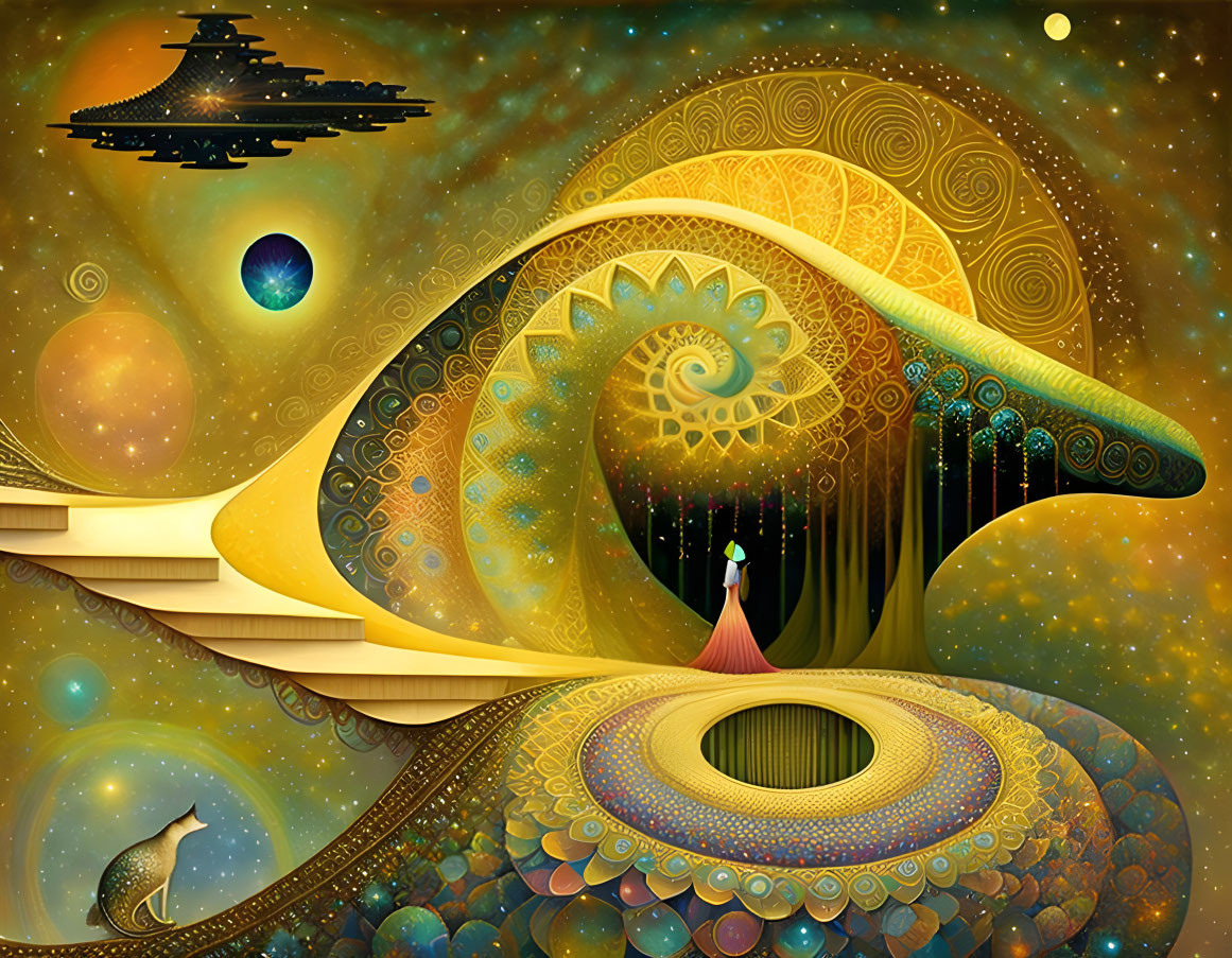 Surreal cosmic landscape with woman, spaceship, planets, and cat