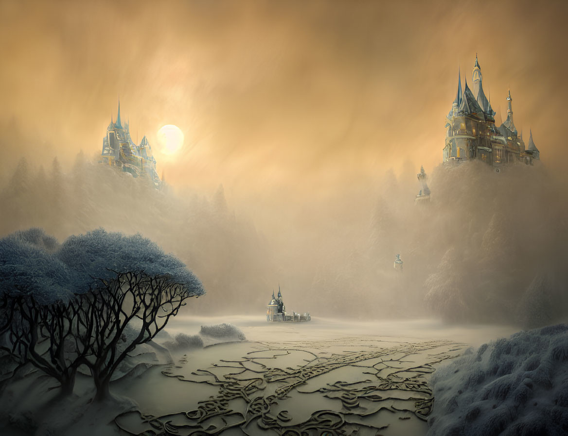 Ethereal castles in frost-covered fantasy landscape