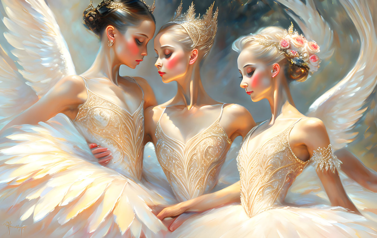 Three ballet dancers with feathered wings in luminous style