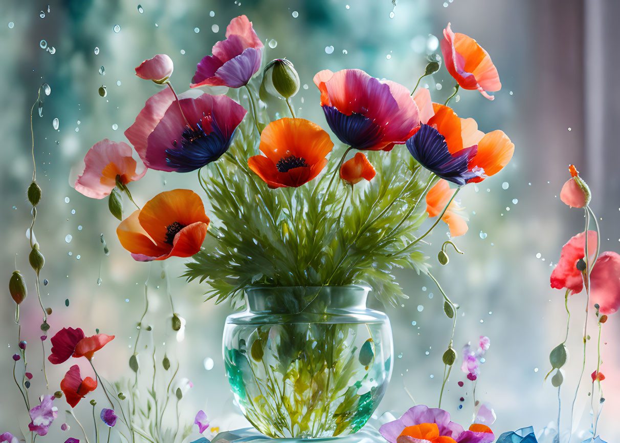 Colorful Poppy Bouquet in Glass Vase with Water Droplets on Blurred Background