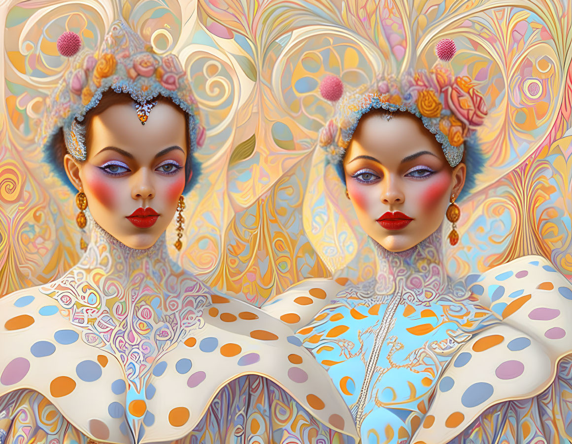 Colorful Twin Female Figures in Ornate Dresses and Headdresses on Swirling Background