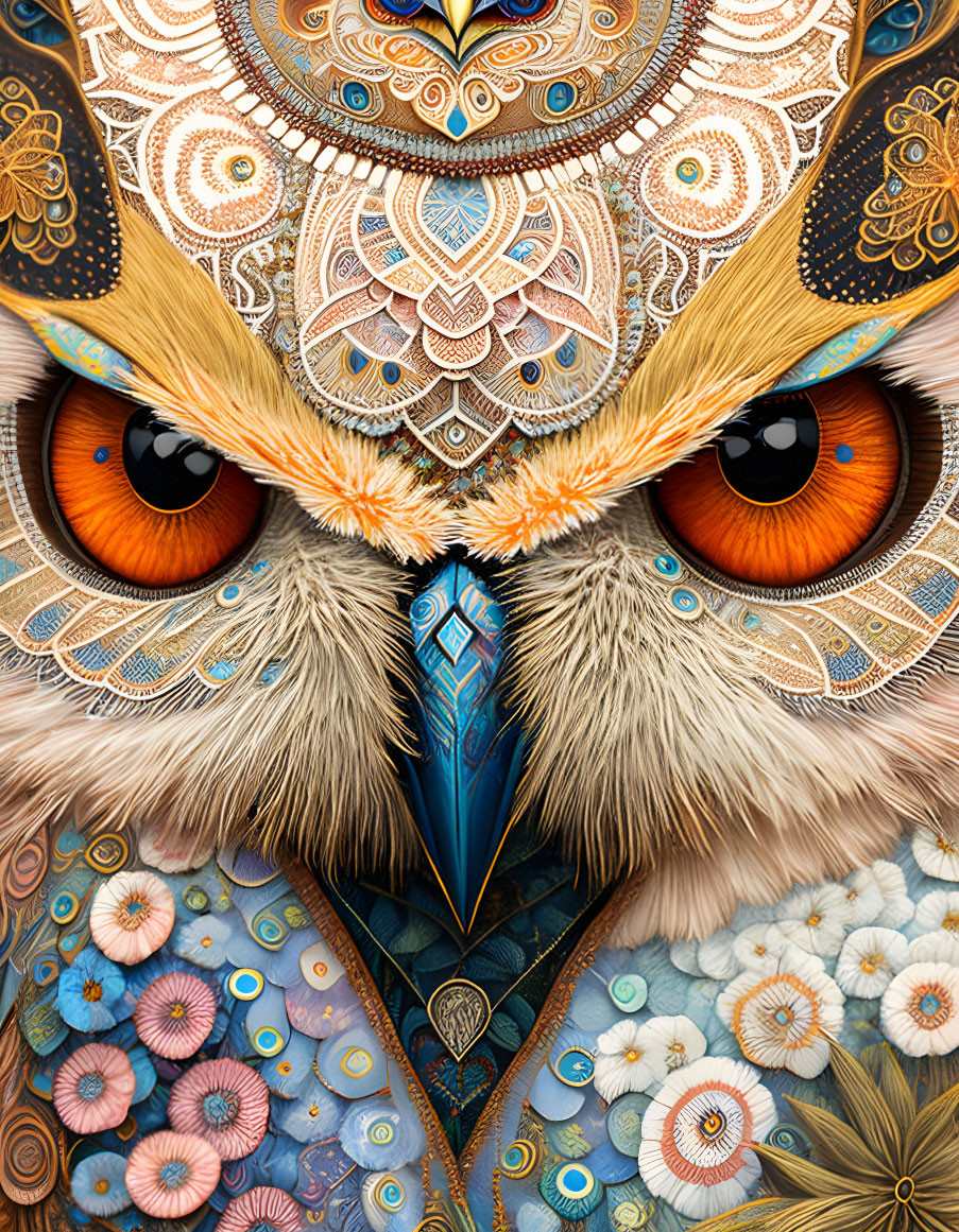 Detailed digital art of an owl with intricate patterns and textures