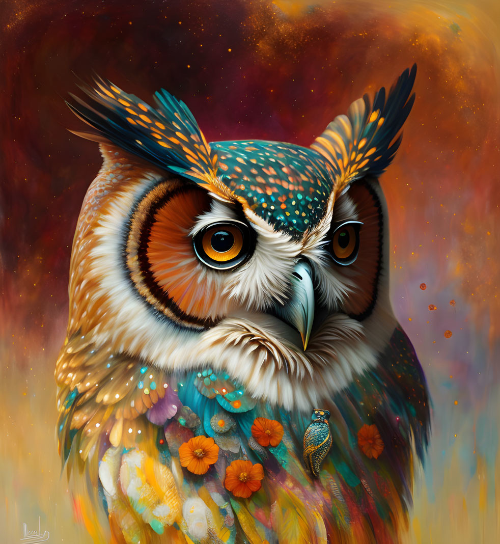 Colorful Owl Digital Painting with Floral Patterns and Fantasy Theme