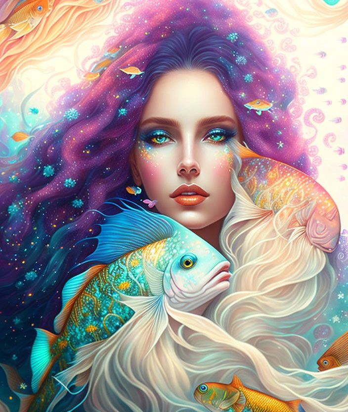 Fantasy portrait: Woman with vibrant, flowing hair and celestial & aquatic elements