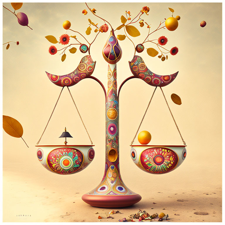 Ornate balance scale with vibrant patterns and flora