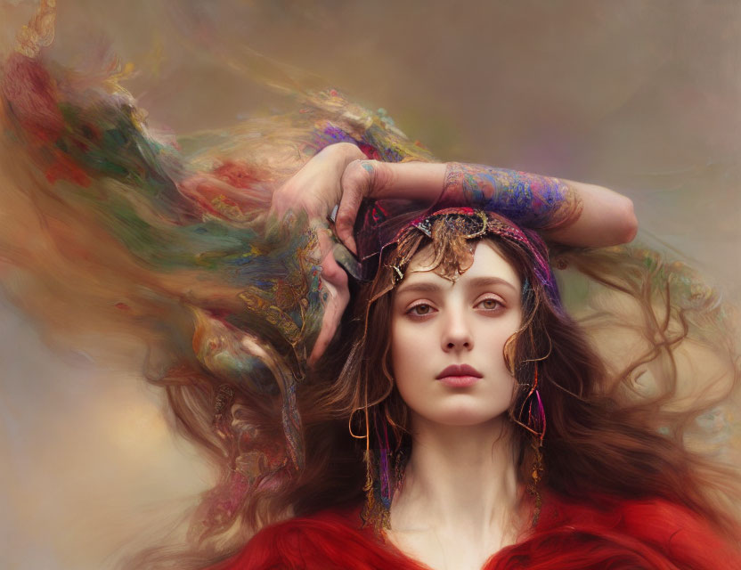 Mystical woman in red attire with jewel tiara and swirling colors