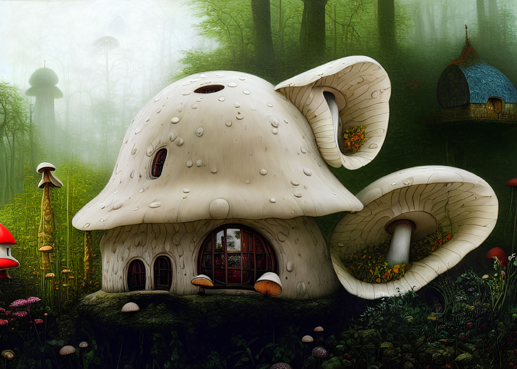 Whimsical mushroom-shaped house in forest setting