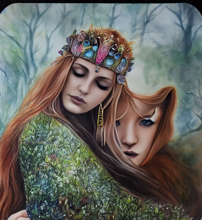 Illustrated woman with auburn hair embraces mirrored self in leafy backdrop