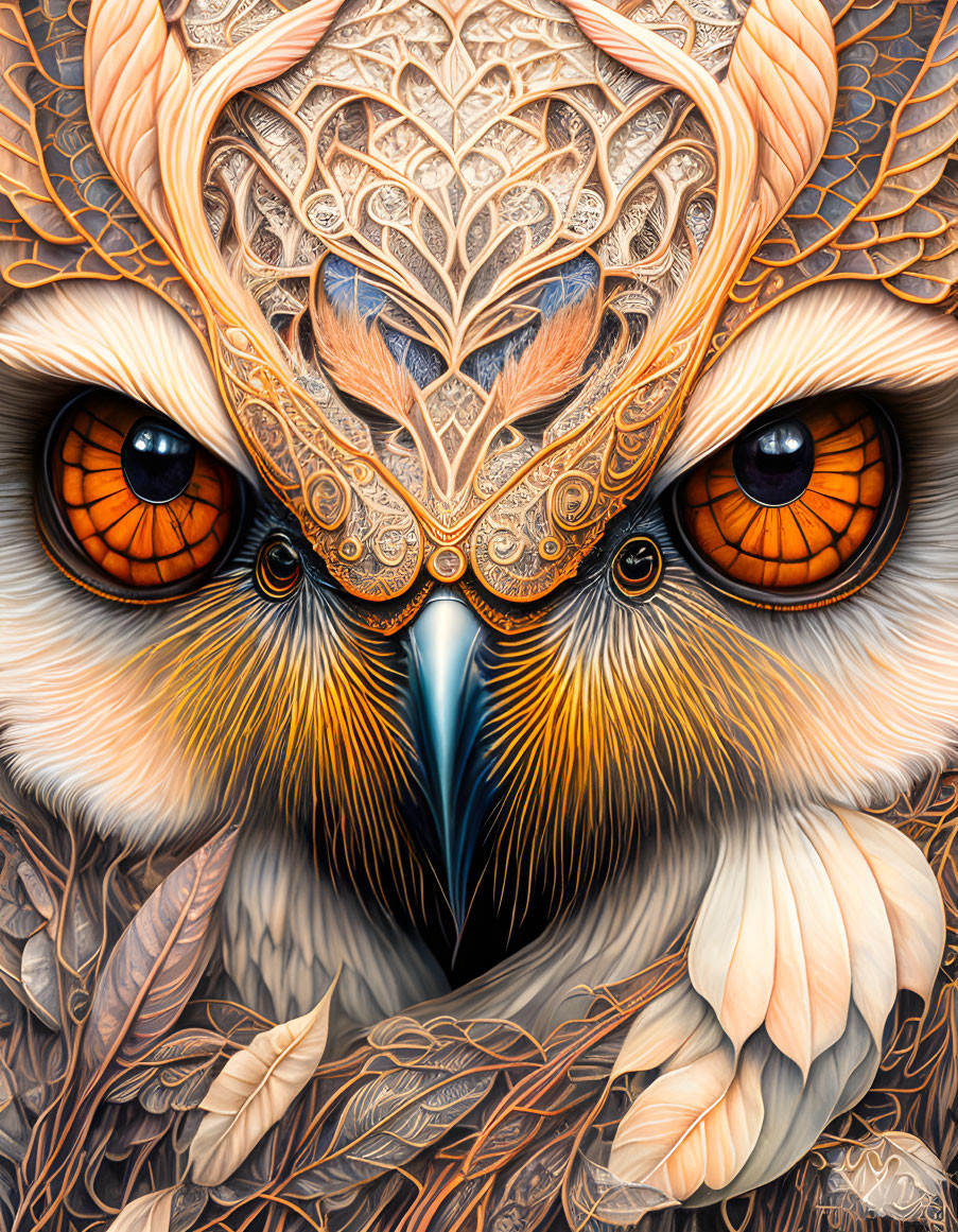 Detailed Owl Face Illustration with Orange Eyes & Heart-Shaped Forehead Design