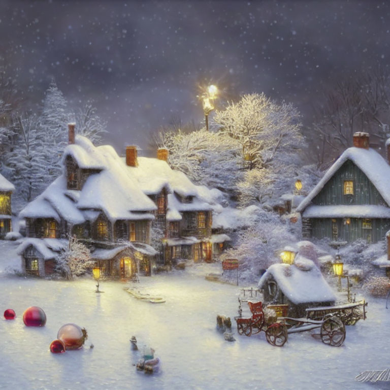 Snowy Village Scene with Cottages, Christmas Tree, Ornaments, and Snowflakes