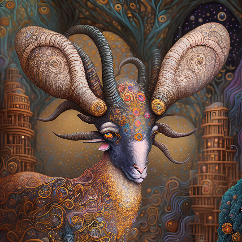 Colorful stylized ram illustration with intricate patterns and swirling horns on ornate tower background.