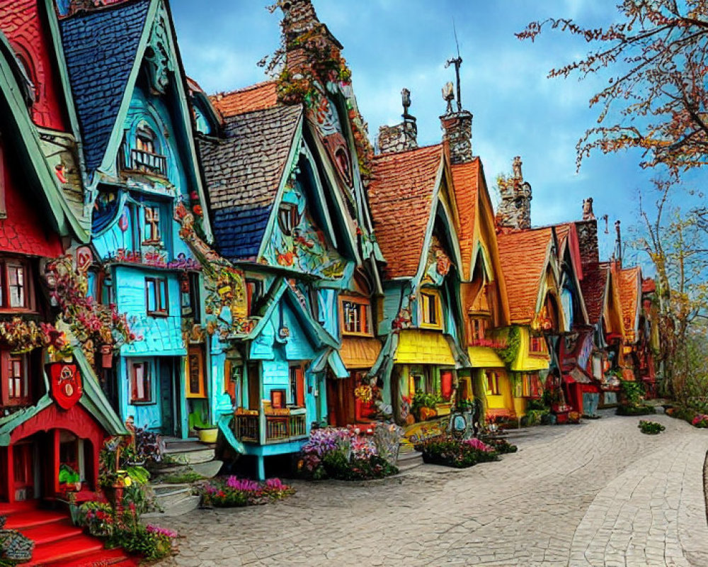 Vibrant fairytale-like houses on colorful street surrounded by lush greenery