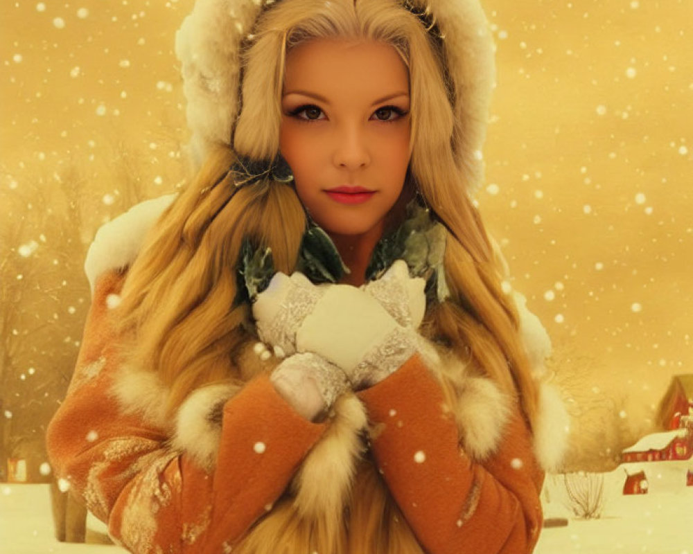 Woman in fur hood and gloves holding snowball in snowy landscape