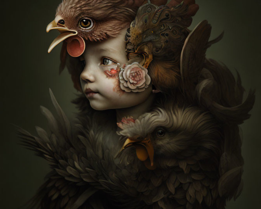 Surrealist portrait blending child's face with avian features and floral accents