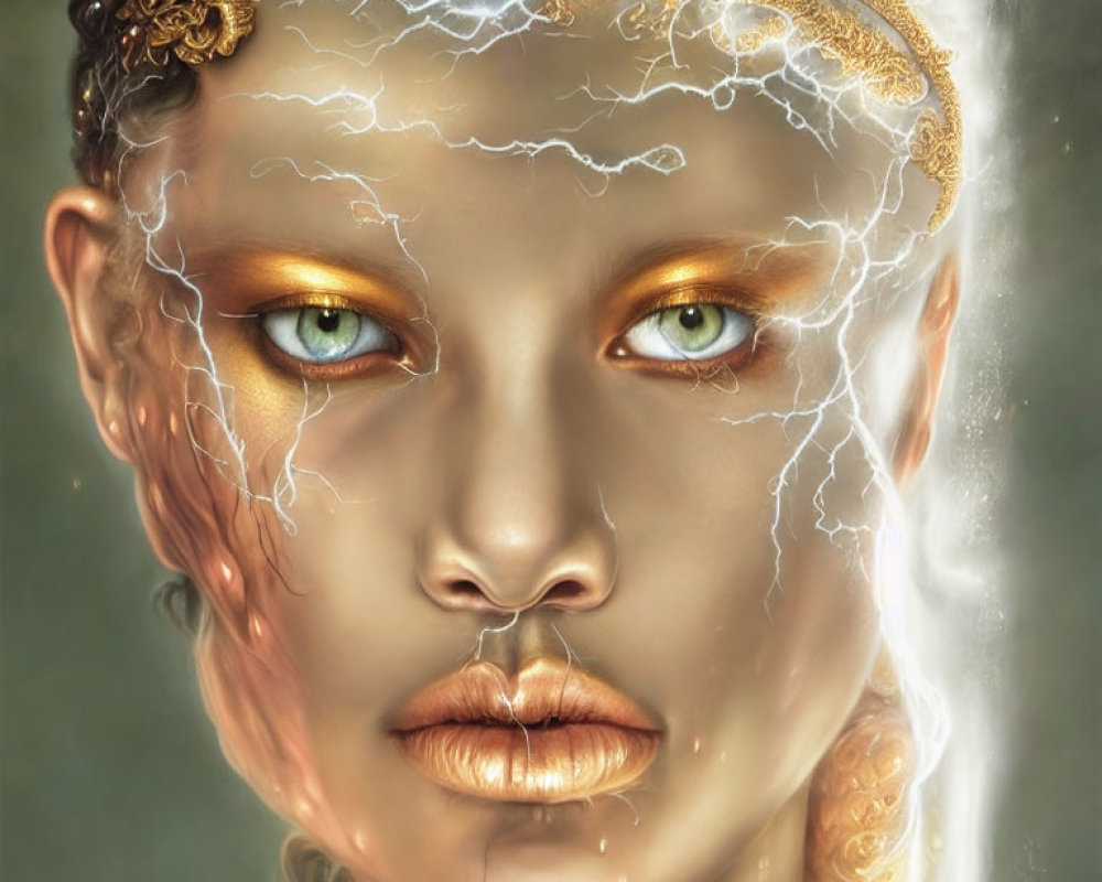 Digital artwork featuring woman with metallic golden skin and electric veins.