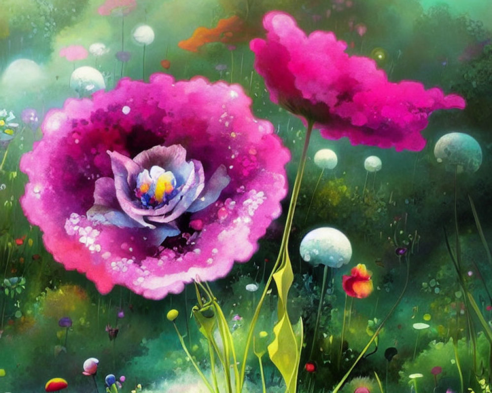 Colorful fantasy art: Large pink flower, blossoming plants, and floating orbs in vibrant meadow