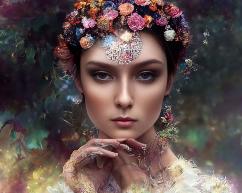 Floral crown woman with intricate makeup in soft natural setting