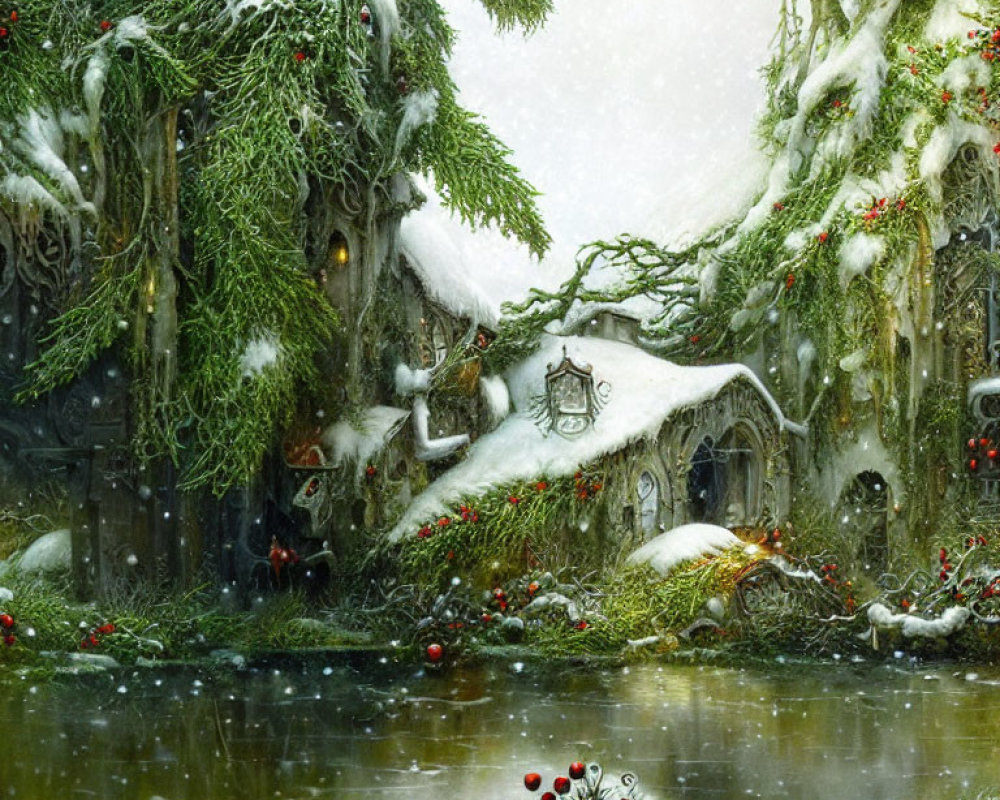 Snow-covered cottage, frozen pond, red berries, and snowy trees in enchanting winter scene