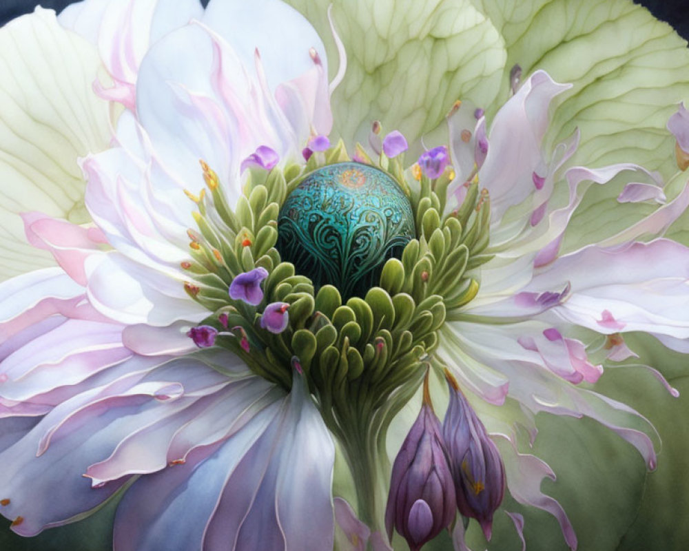 Detailed painting of fantastical purple and white flower on dark background