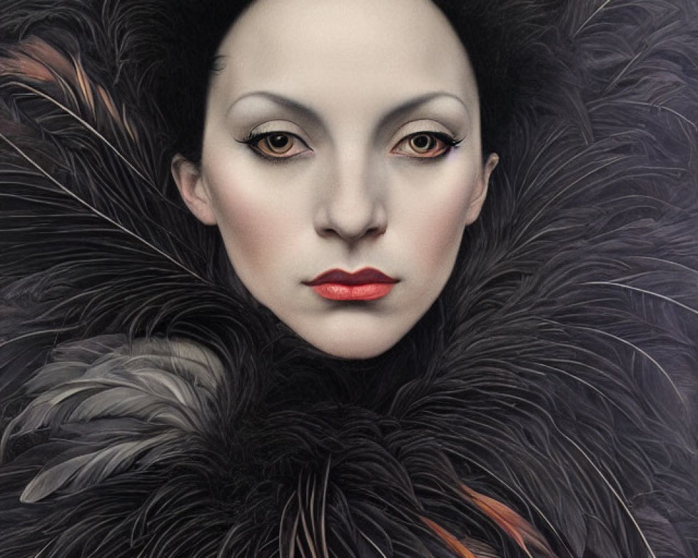 Pale woman with red lips and wide eyes in dramatic feathered portrait