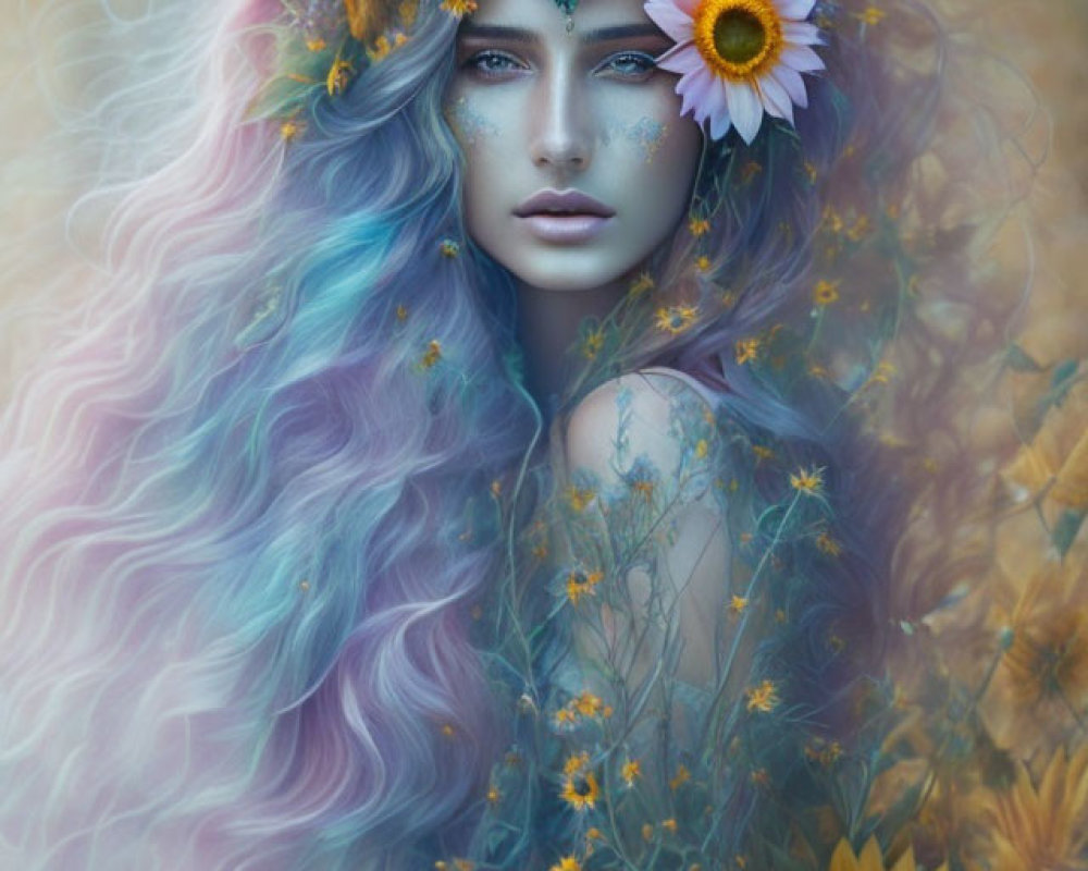 Person with Pastel Blue Hair and Flower Crown in Surreal Portrait