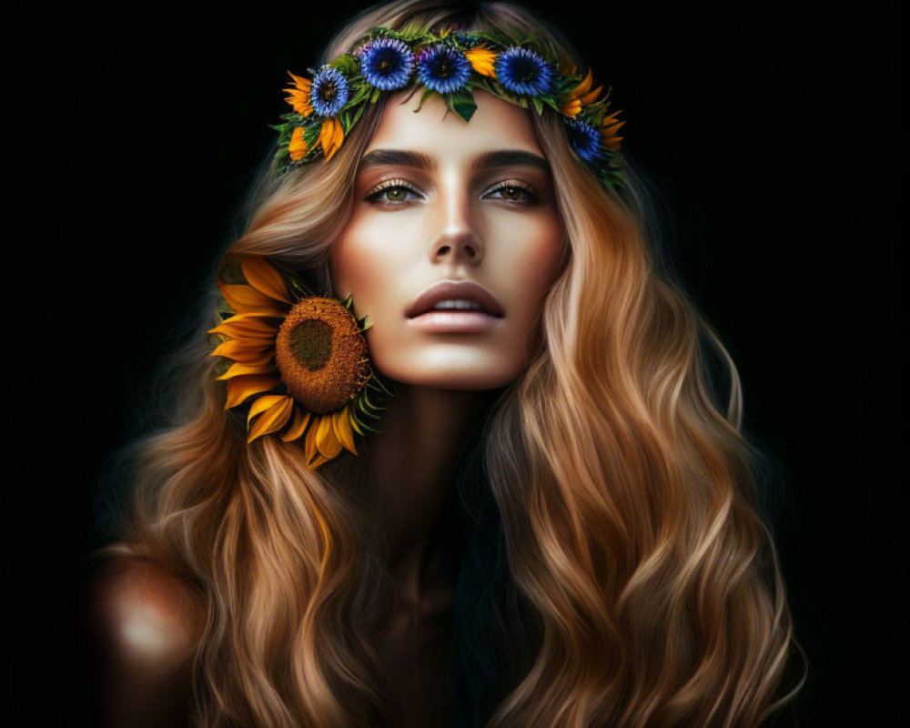 Blonde woman with floral wreath on dark background