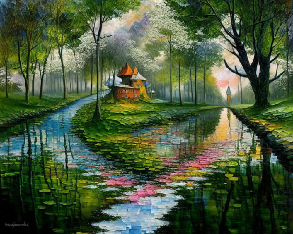 Tranquil cottage by reflective river, lush trees, water lilies, twilight sky