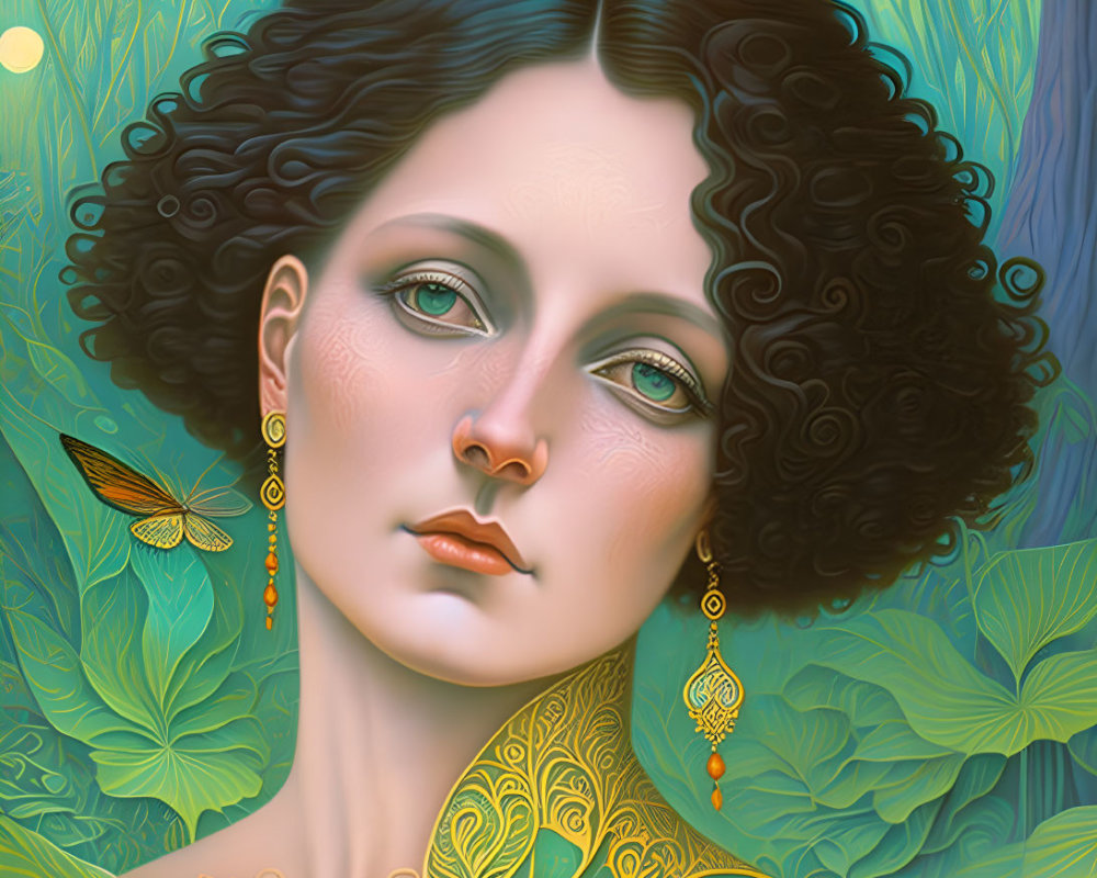 Digital portrait of woman with curly hair, golden earring, surrounded by green leaves and butterfly