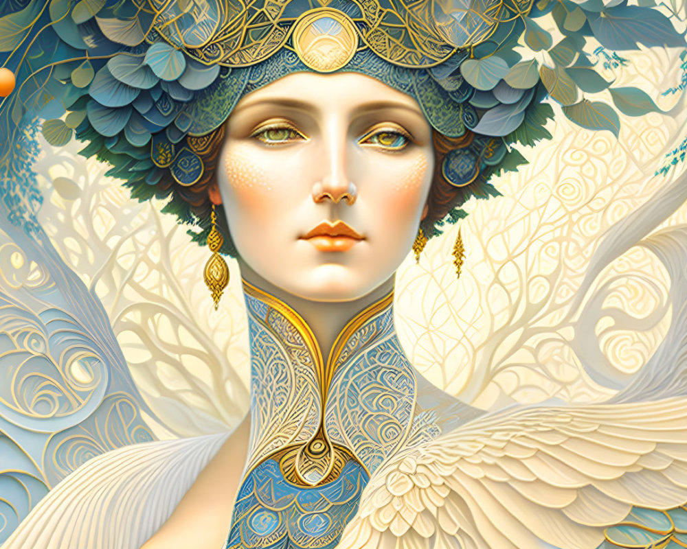 Illustrated female figure with ornate headwear in soft blues, golds, and whites