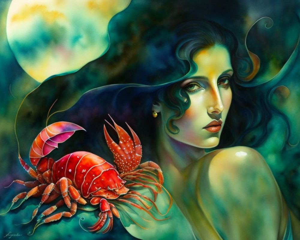 Vibrant woman with flowing hair and red lobster on colorful backdrop