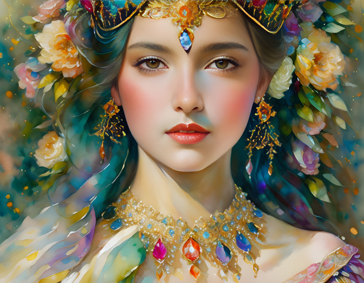 Ethereal portrait of a woman with golden crown and colorful brushstrokes