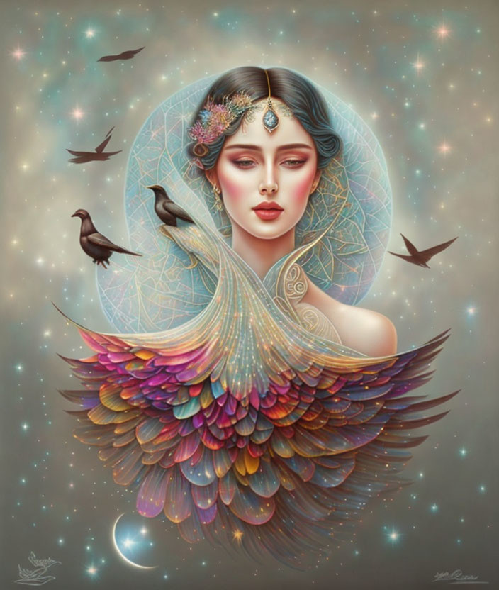 Multicolored feathered wings on a surreal woman portrait with birds and moon in a geometric halo against