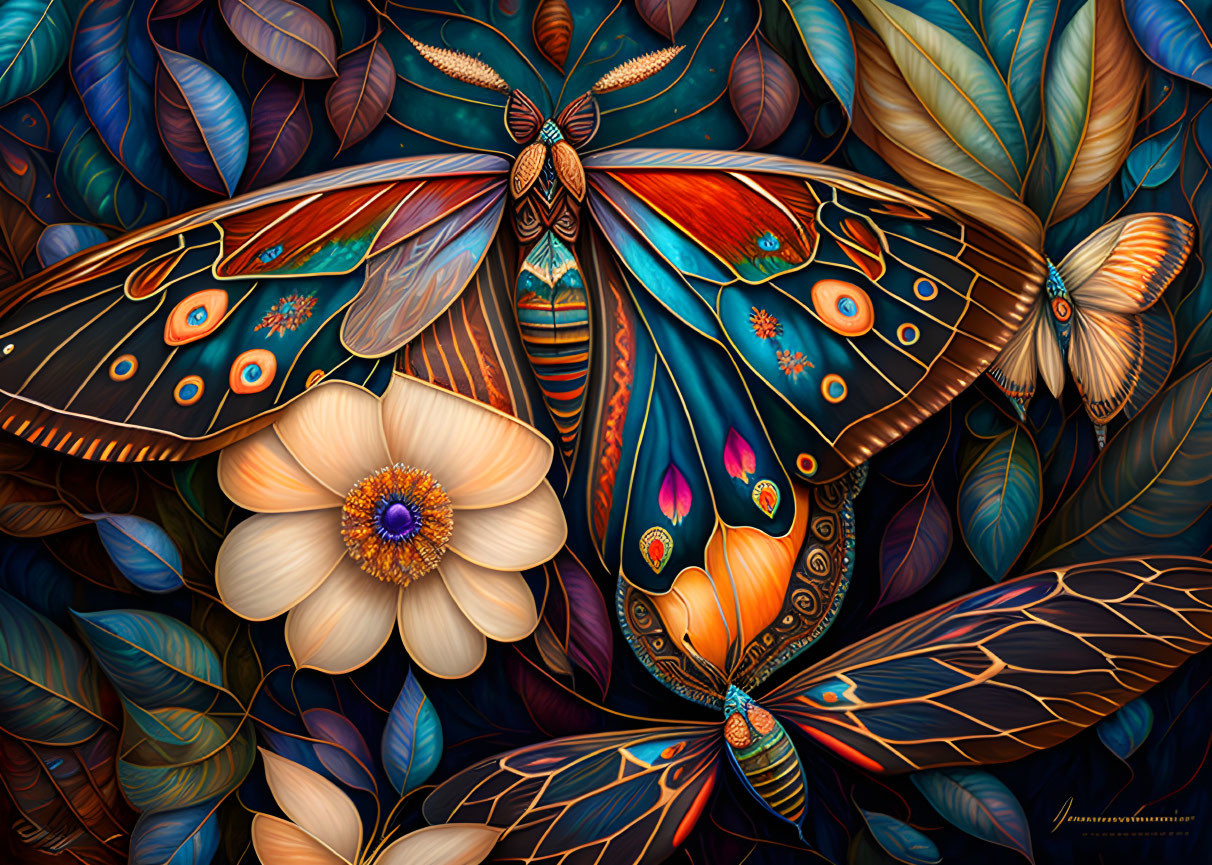 Colorful Butterfly Illustration with Intricate Wing Patterns and Botanical Elements