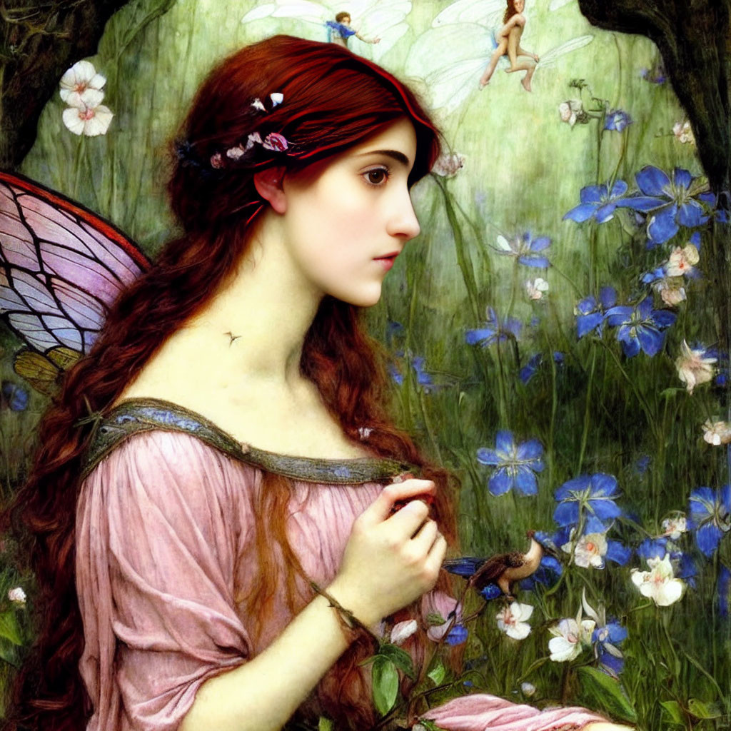 Digital artwork featuring red-haired fairy with translucent wings in pink dress among floral backdrop and small fairies