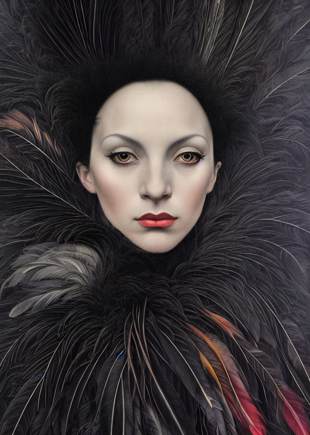 Pale woman with red lips and wide eyes in dramatic feathered portrait