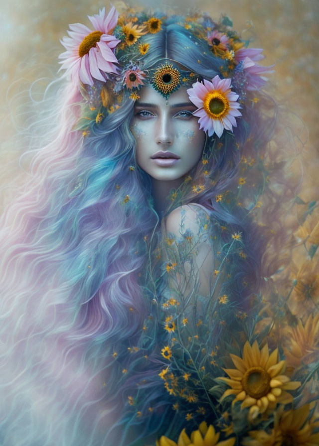 Person with Pastel Blue Hair and Flower Crown in Surreal Portrait