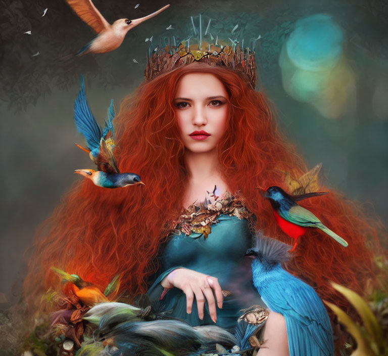 Regal woman with red hair and crown among vibrant birds in mystical forest