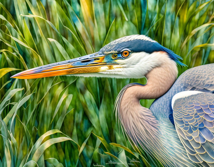 Vibrant Great Blue Heron Among Green Reeds