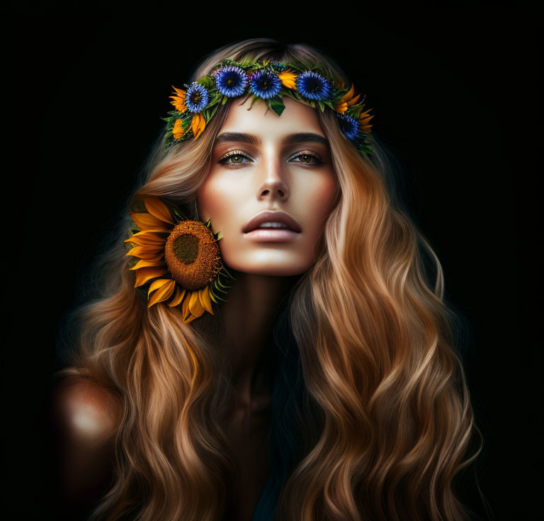 Blonde woman with floral wreath on dark background