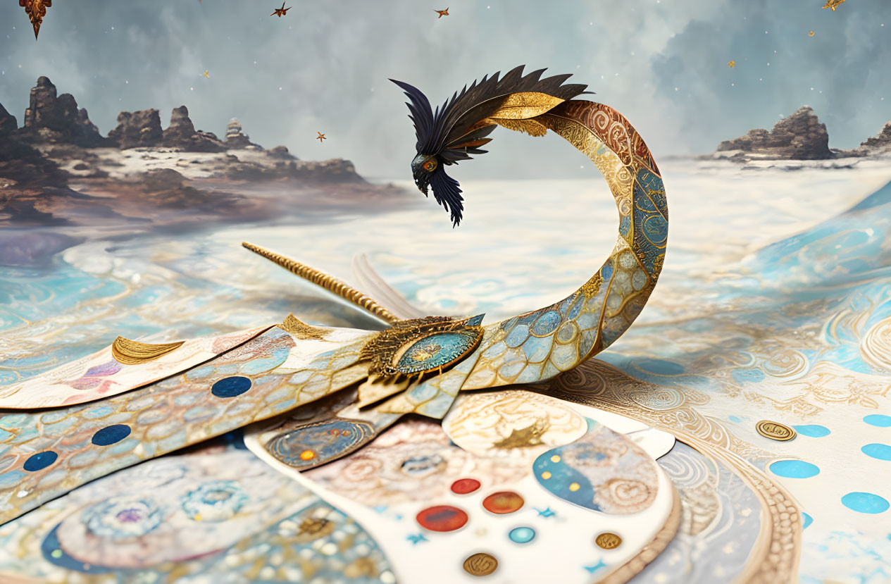 Intricate dragon and elegant bird in mystical desert landscape