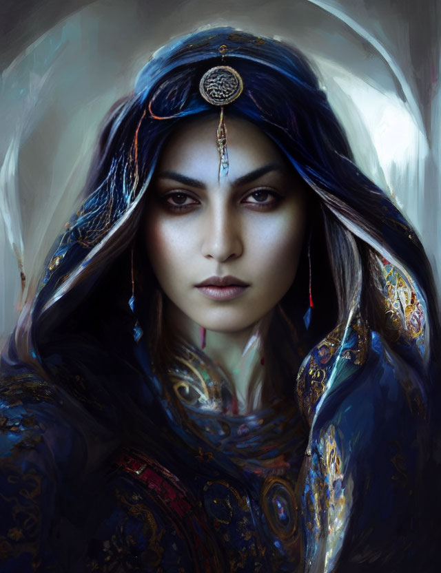 Digital painting of woman in blue hood with intense gaze